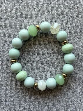 Bohemian theme baby blue, mint green & white beaded stretch bracelet